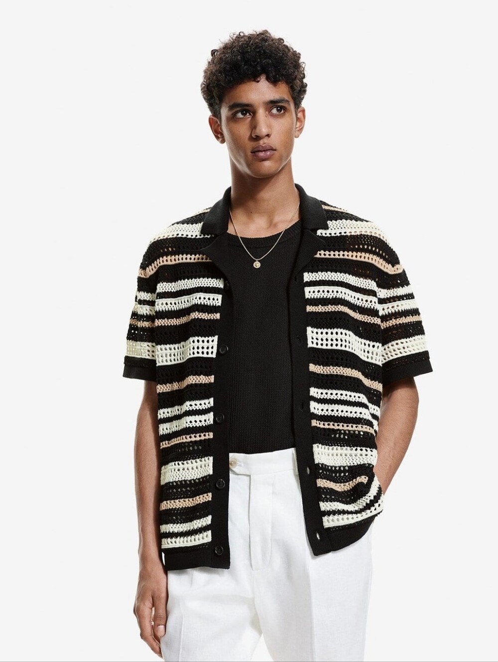 Men's Black/beige Striped Crochet Knit Shirt short-sleeve Resortwear Eurosummer